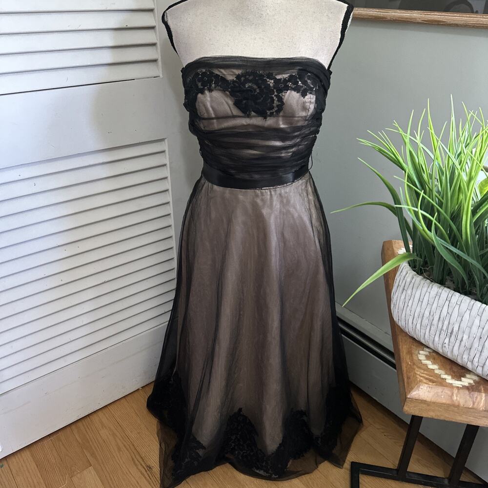 Vintage Jim Hjelm Dress 8 Black Lace Tulle Strapless Midi Retro Whimsigoth Gala